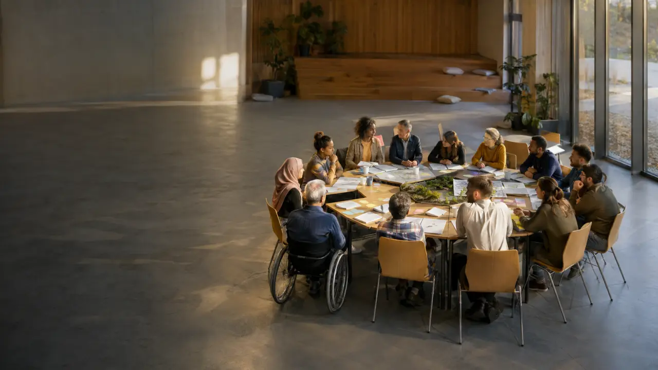 Citoyennes et citoyens réunis autour d'une table pour échanger dans une assemblée participative