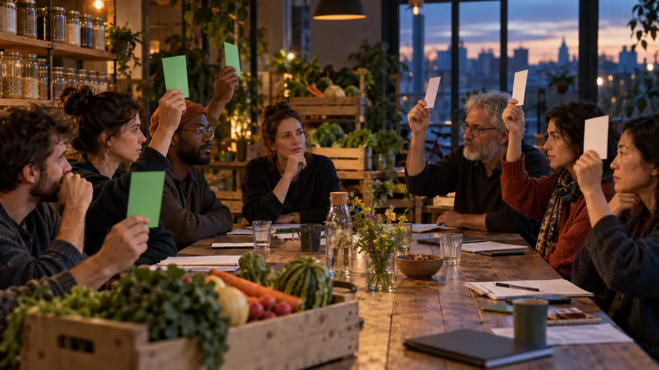 Membres d’une coopérative alimentaire réunis autour d’une table pendant une assemblée