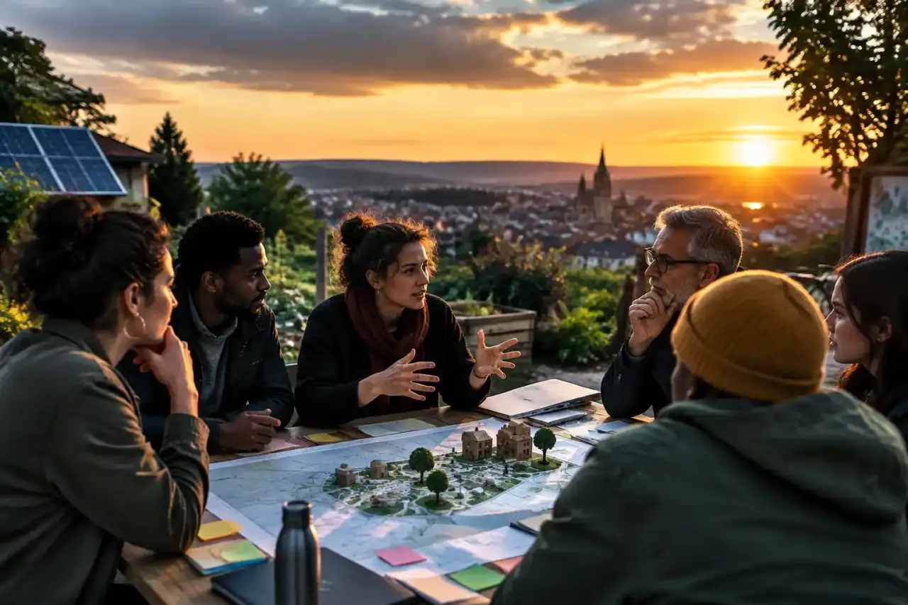 Citoyennes et citoyens réunis autour d'une table pour discuter d'un projet local de transition écologique