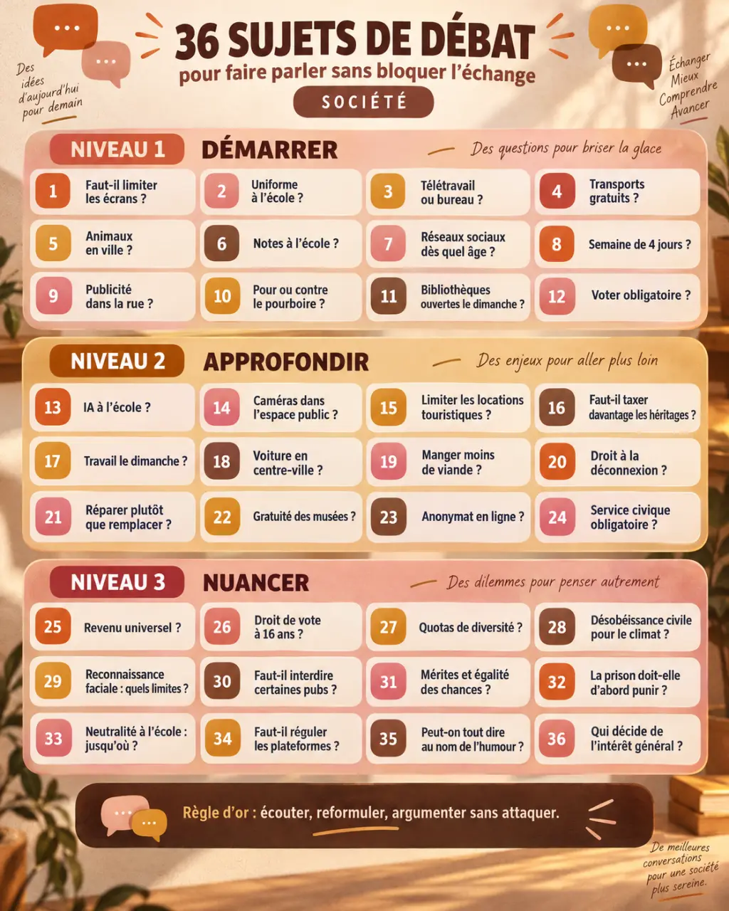36 sujets de débat classés par niveau pour faire parler sans bloquer l’échange