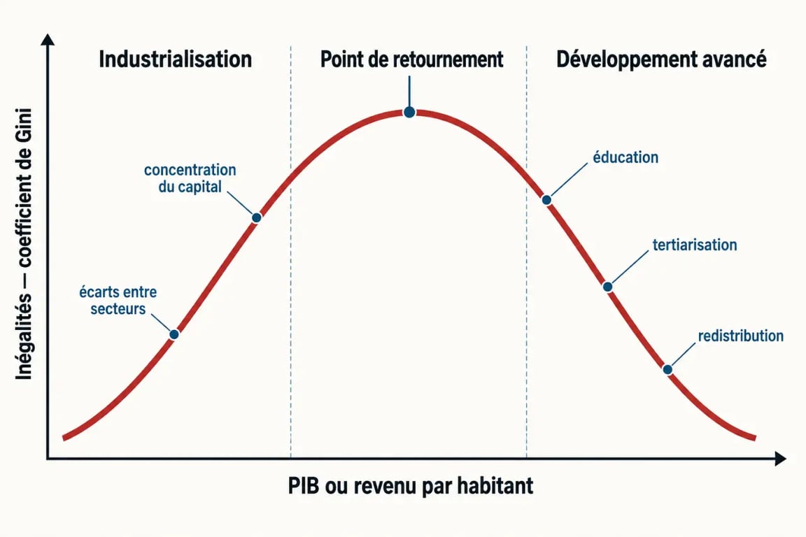 Courbe de Kuznets en U inversé montrant l’évolution des inégalités selon le revenu par habitant