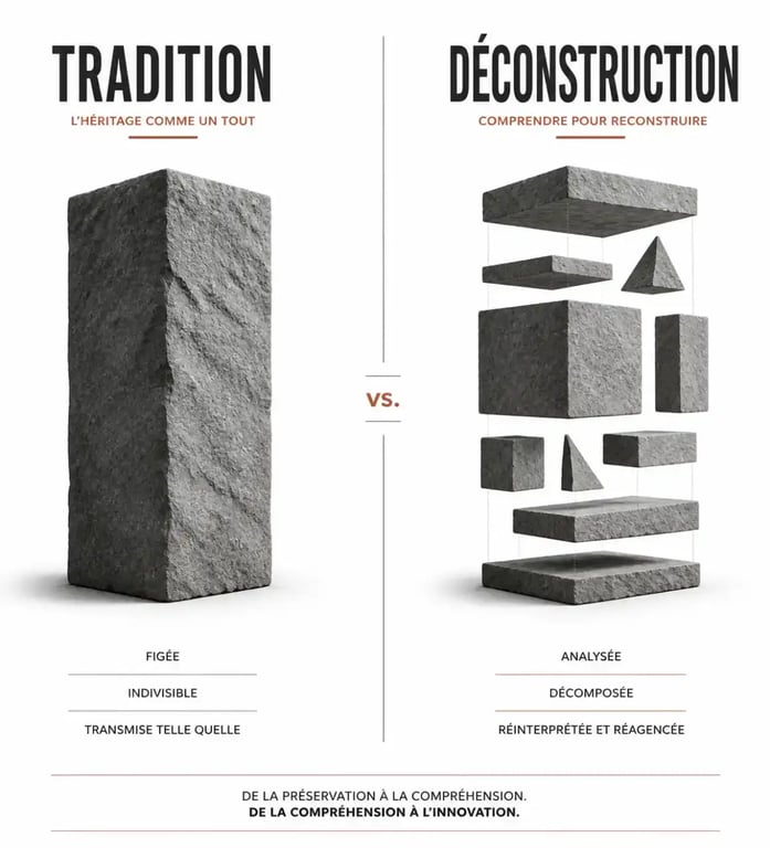 Illustration conceptuelle de la déconstruction sociale : passage d'une structure rigide à une analyse critique des composants.