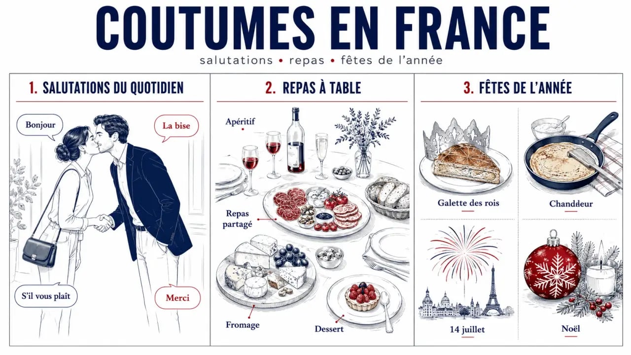 Coutume en France : panorama visuel des salutations, des repas et des fêtes françaises
