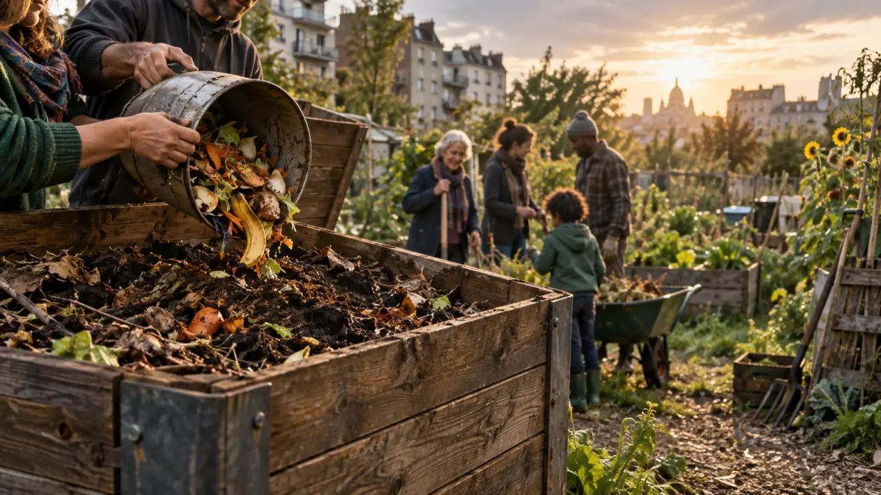 Habitants réunis autour d'un composteur collectif dans un jardin partagé