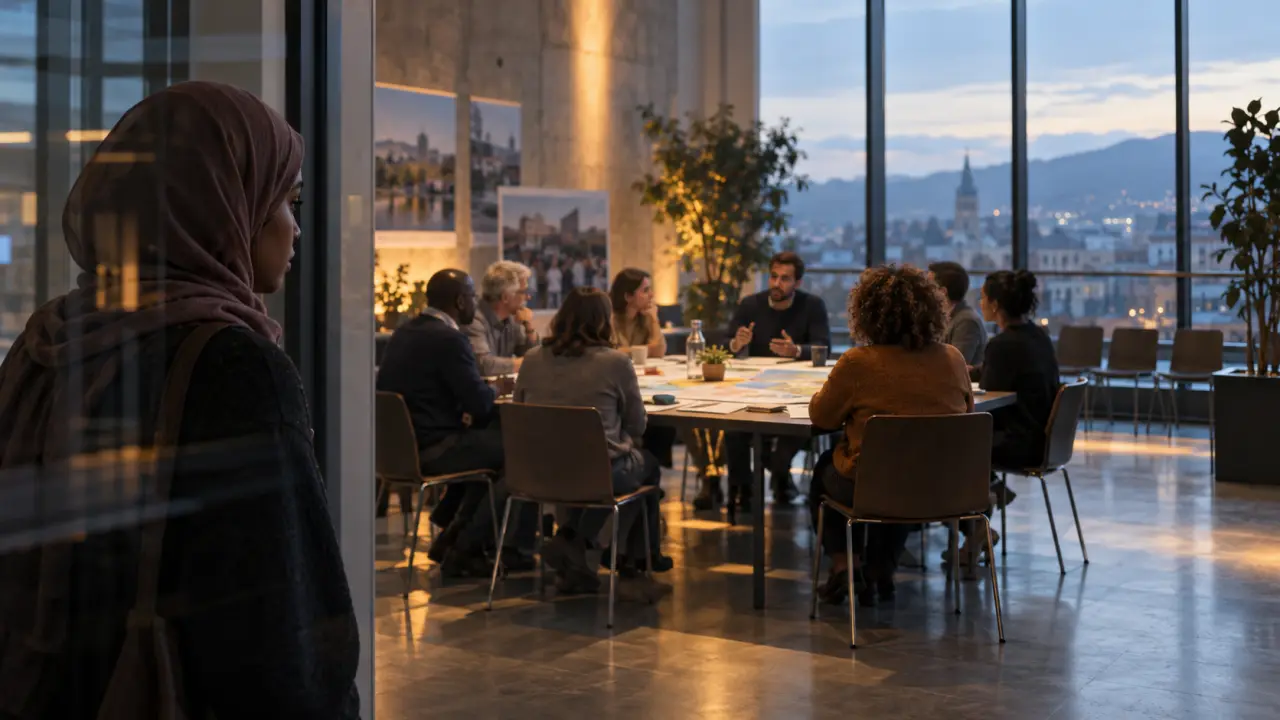 Assemblée de citoyens discutant de manière animée dans une salle moderne et lumineuse