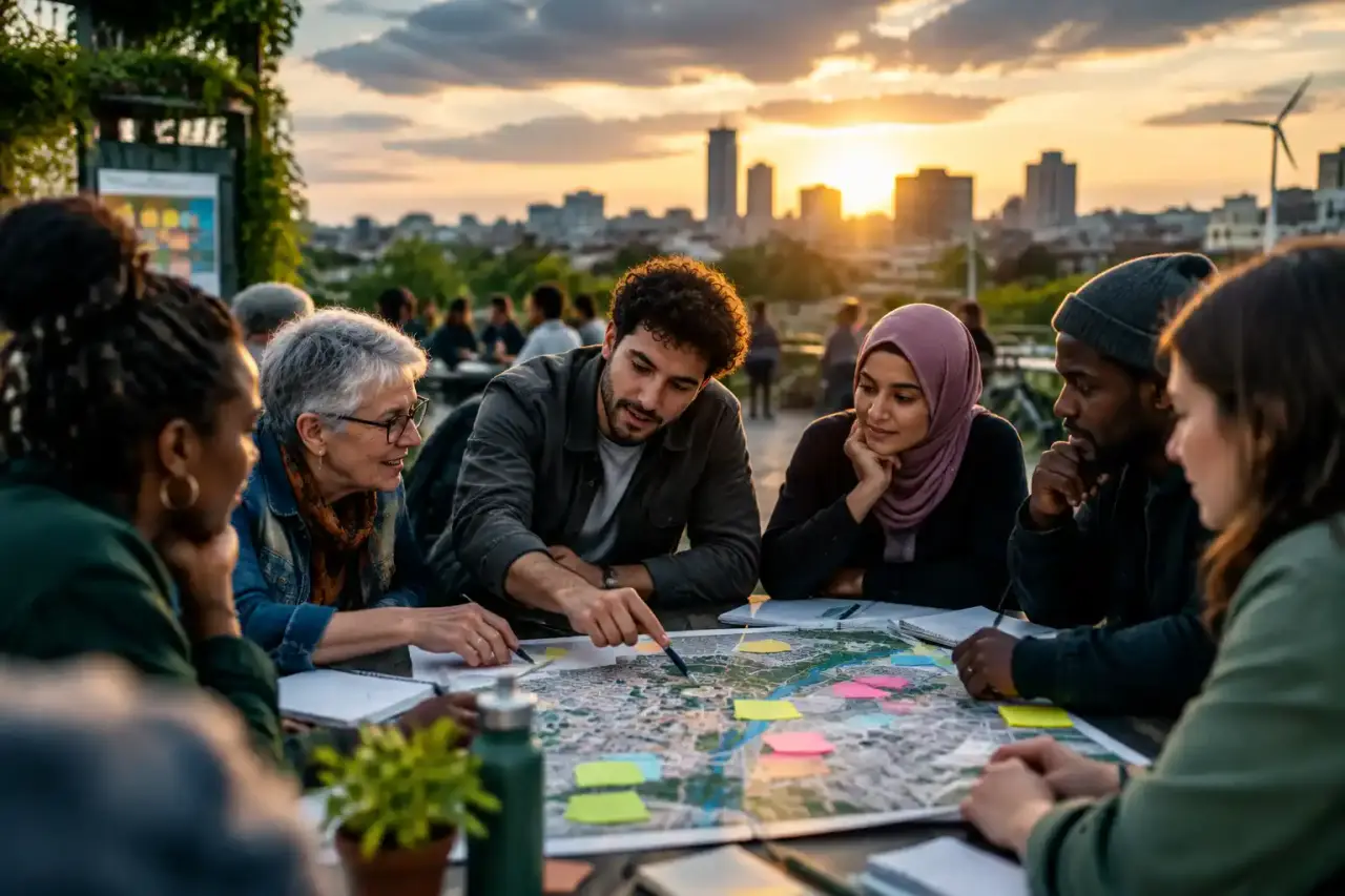 Citoyennes et citoyens réunis autour d'une table pour construire des projets collectifs