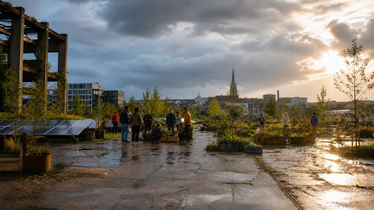 Friche urbaine en reconversion, avec habitants et végétation au coucher du soleil