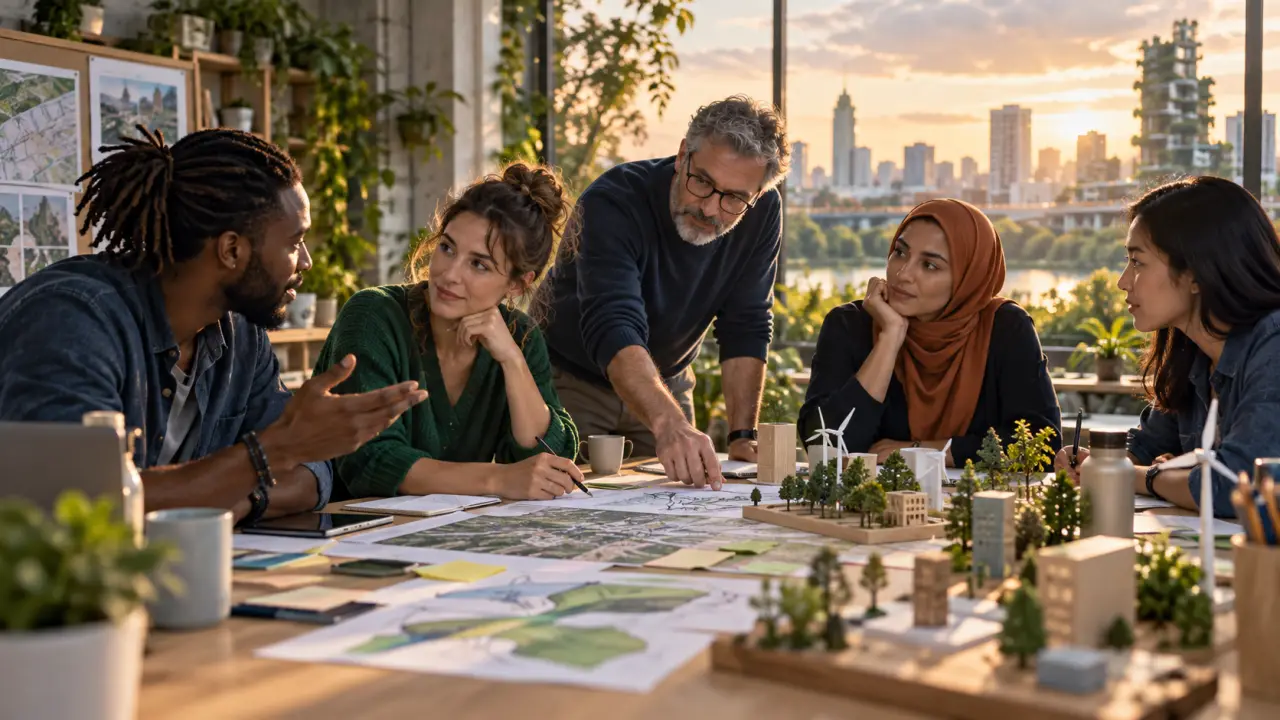 Groupe diversifié de citoyens échangeant autour d'une grande table en bois