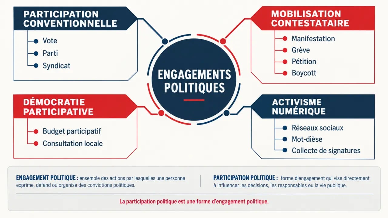 Infographie des engagements politiques, du vote à l'activisme numérique
