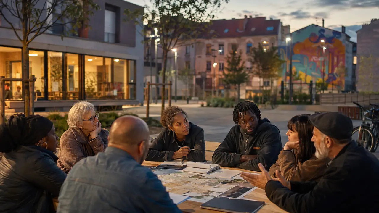 Conseil citoyen réunissant des habitants autour d'une table dans un quartier