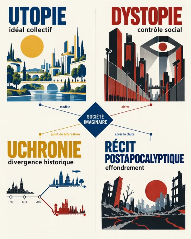 Infographie comparative sur l'utopie et la dystopie avec l'uchronie et le récit postapocalyptique