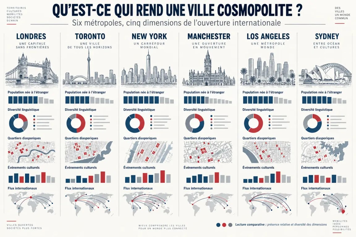 Infographie sur les critères d'une ville cosmopolite et six exemples dans le monde