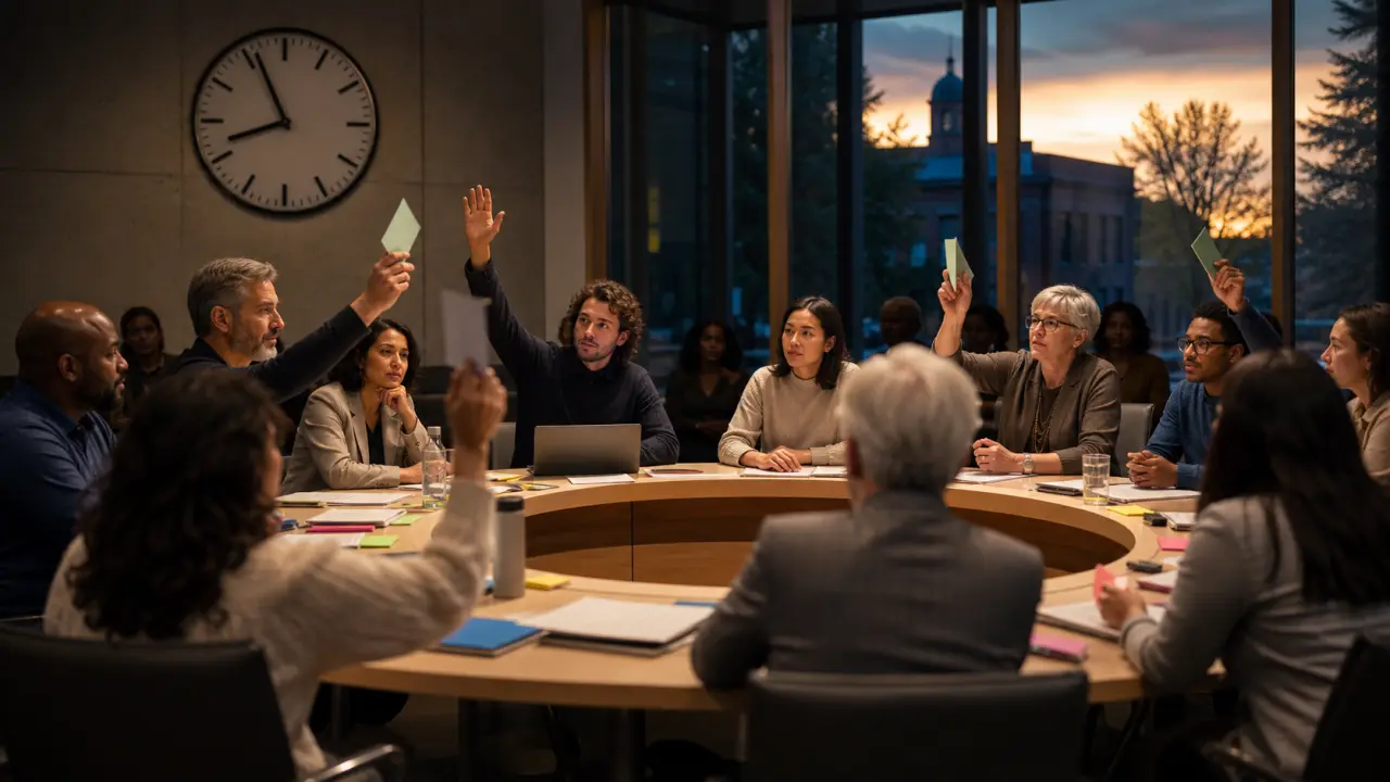 Groupe de citoyens en discussion autour d'une grande table en bois, dans une lumière naturelle contrastée