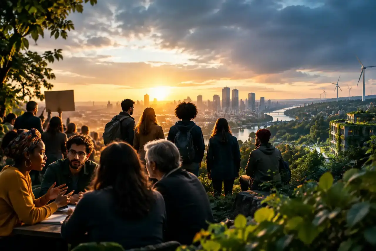 Citoyens engagés discutant des mutations de la société contemporaine autour d'une table ronde
