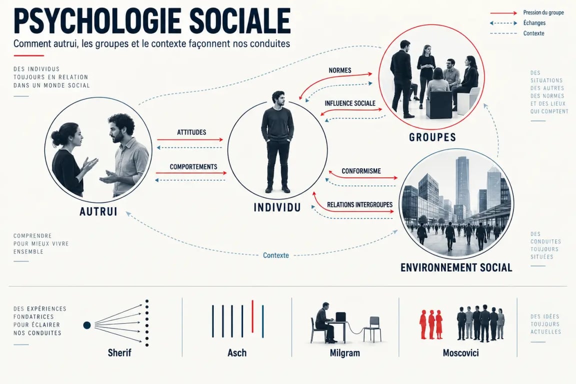 Infographie de psychologie sociale montrant les liens entre individu, groupes, normes et influence sociale