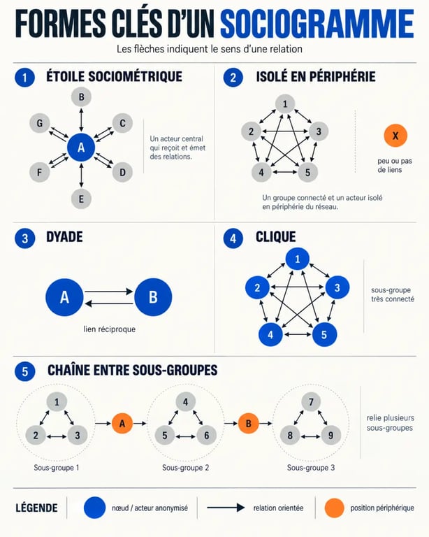 Sociogramme illustrant une étoile, un isolé, une clique, une dyade et une chaîne