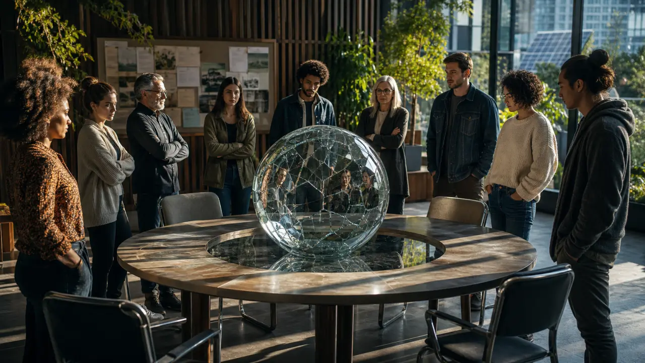 Groupe de citoyens en discussion autour d'une table dans une ambiance sérieuse et collaborative