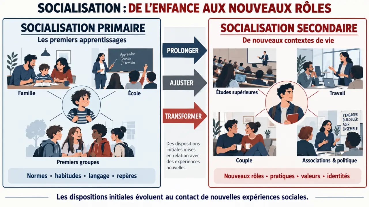 Socialisation secondaire : comparaison avec la socialisation primaire et principaux cadres d’apprentissage