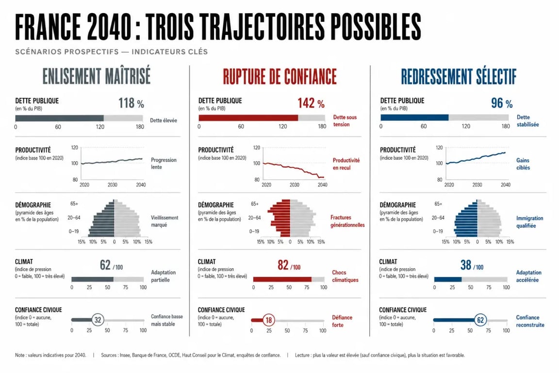 Quel avenir pour la France : infographie éditoriale des trois scénarios possibles à l’horizon 2040