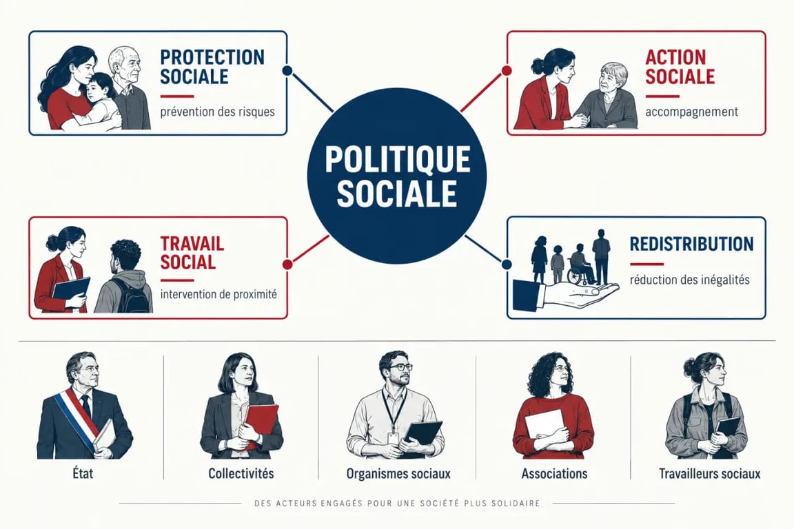 Définition politique sociale et distinction entre protection sociale, action sociale, travail social et redistribution