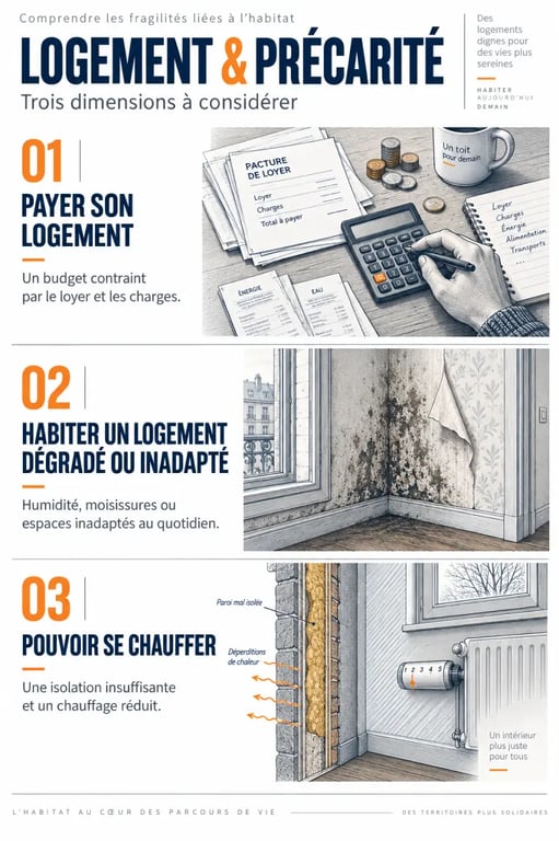 Infographie sur le logement et la précarité : budget, logement dégradé et précarité énergétique